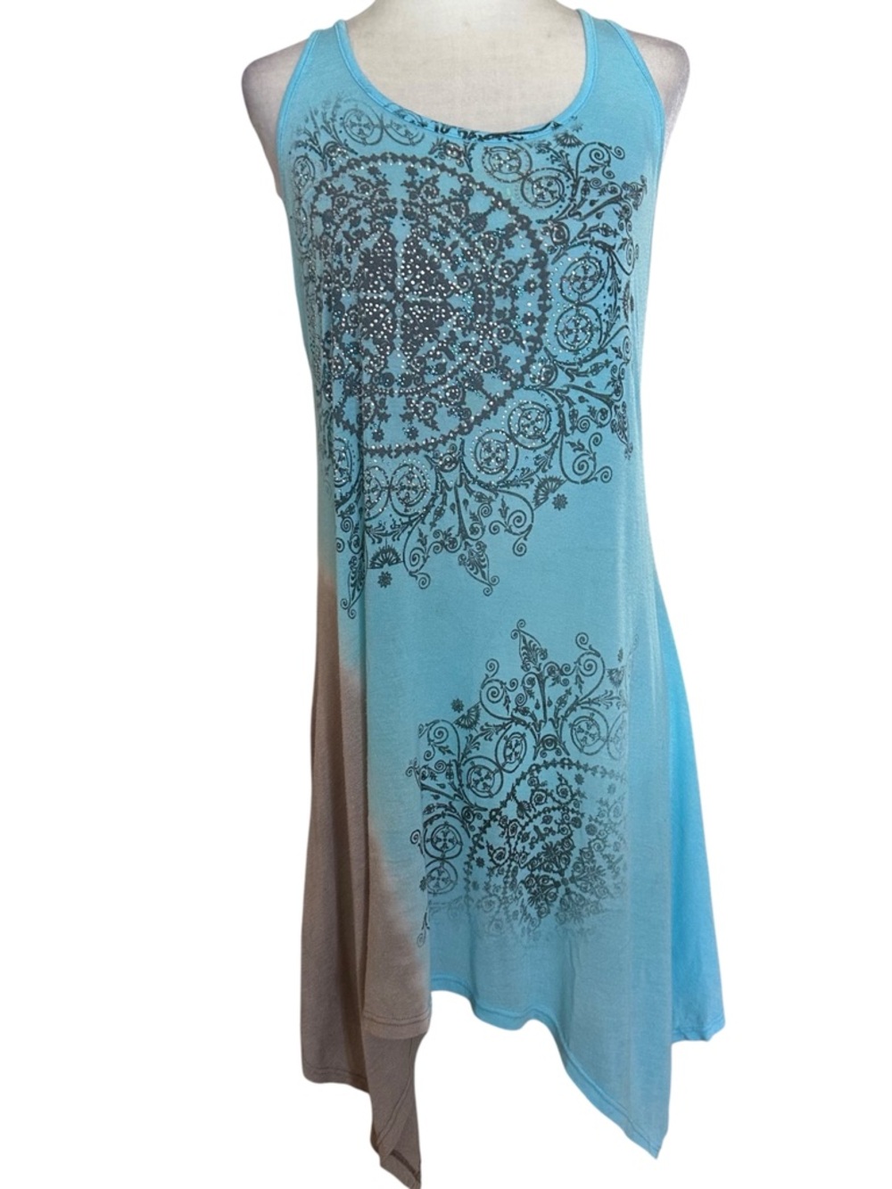 Vocal Sleeveless Turquoise and Taupe Printed Embellished Asymmetric Tank L